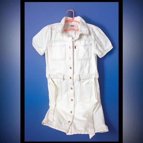 Levi’s Girl’s White Denim Shirt Dress – Size Medium Utility Button-Up - Picture 2 of 3